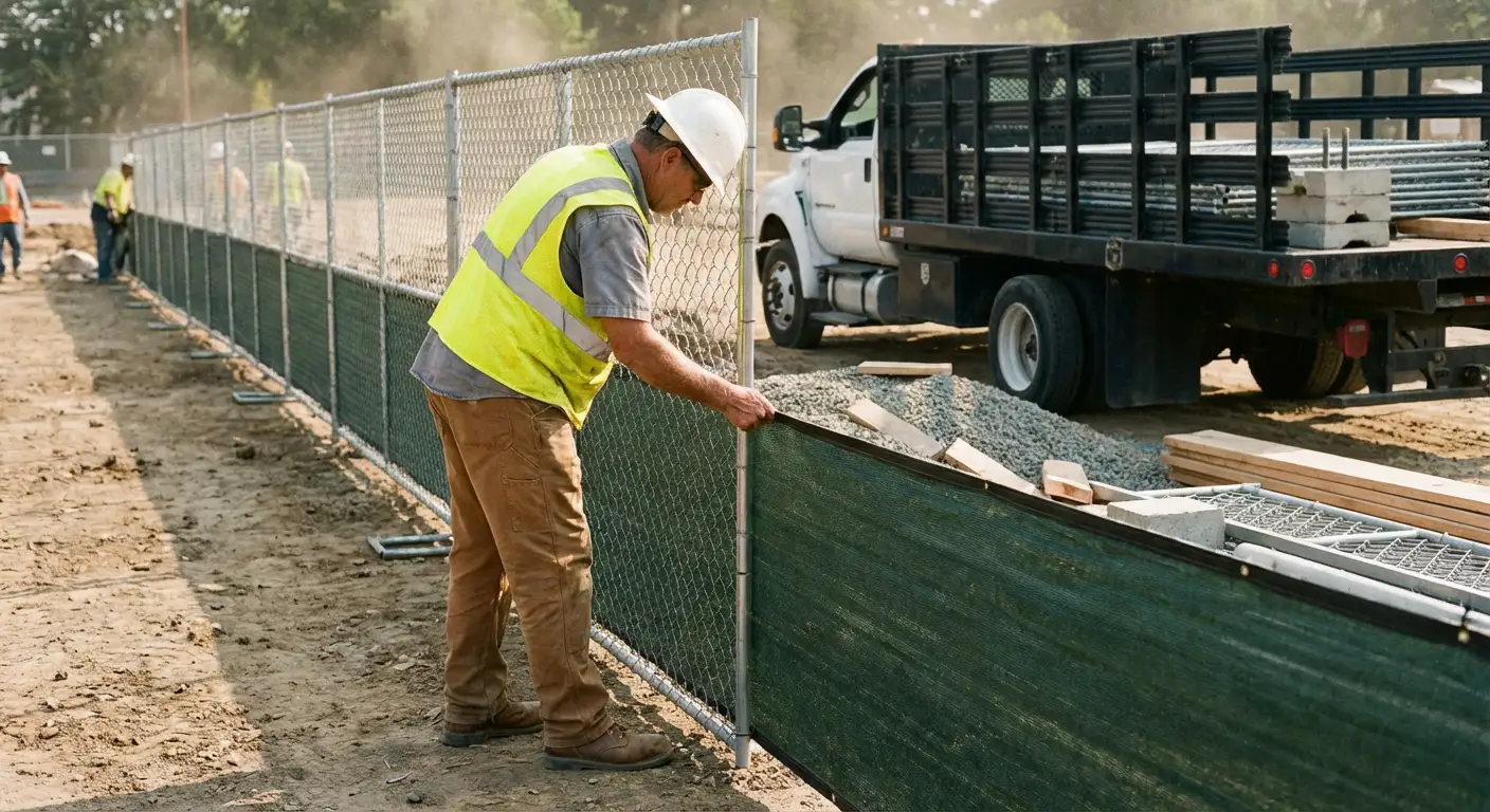 Privacy windscreen installation on construction fence in Valencia, CA