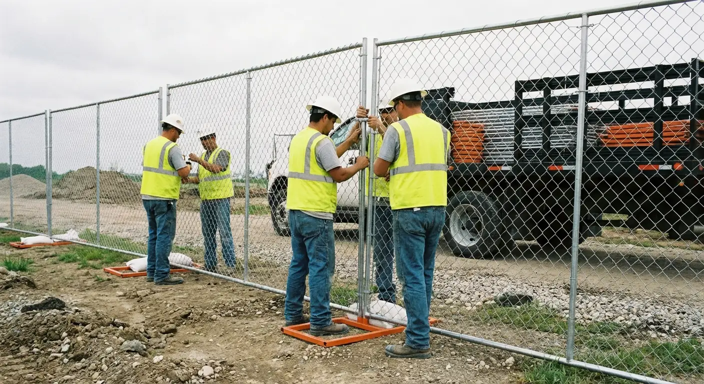 SCV Perimeter Rentals team installing temporary fencing in Valencia, CA